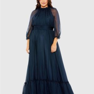 Mac Duggal Elegant Navy Blue  High Neck Puff Sleeve Evening Gown